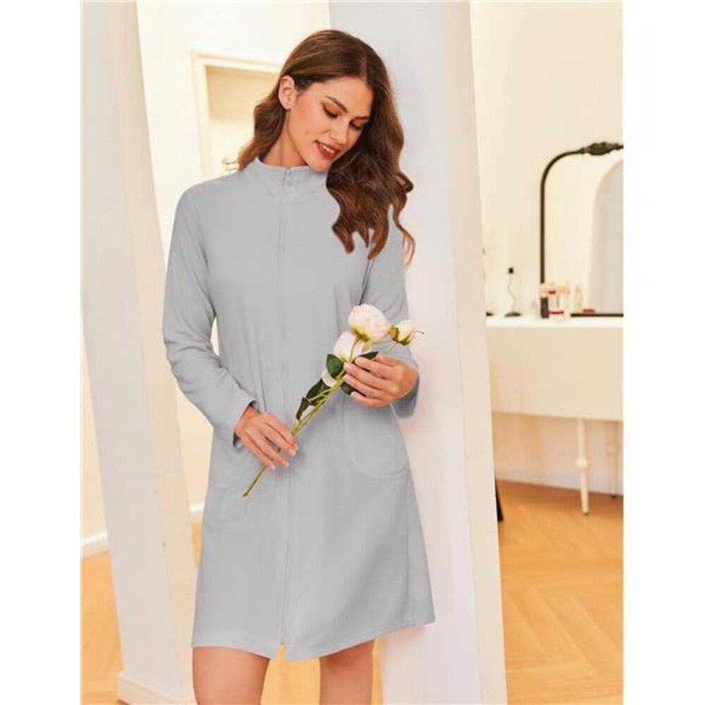 Women's Zipper Robes Long Sleeves Bathobe Soft House Coat Sleepwear - Picture 2 of 5